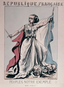 Personifiering av den franska republiken som Louise Michel (1830-1905) som trampar på huvudena av Louis Adolphe Thiers (1797-1877) och Napoleon III (1808-73) (färgstick) av J. Corseaux